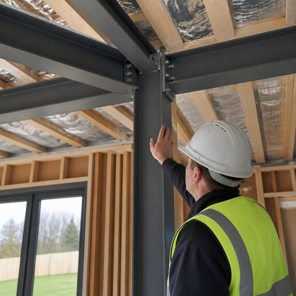 Accessible steel frame and connection details inside a house under construction