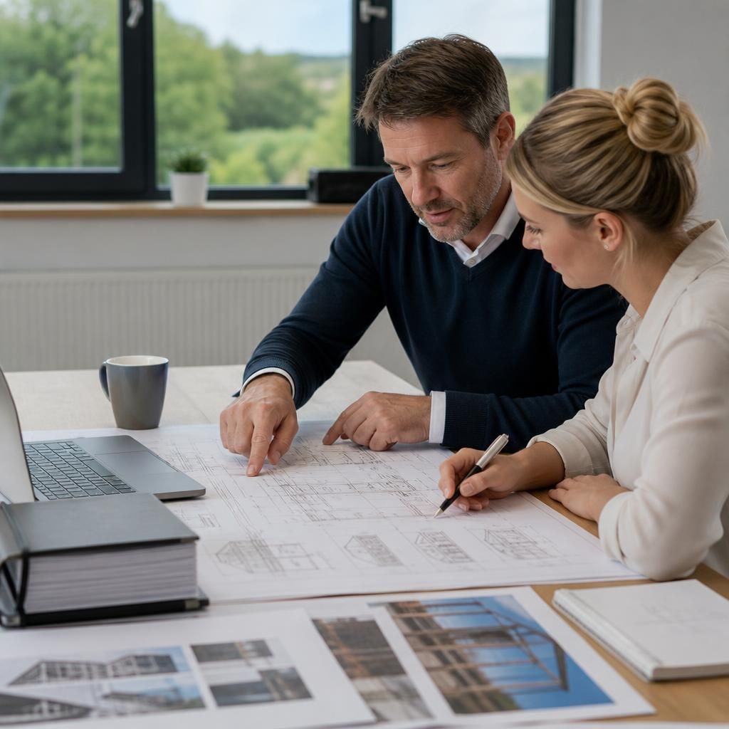 Client reviewing steel frame house drawings and project documents