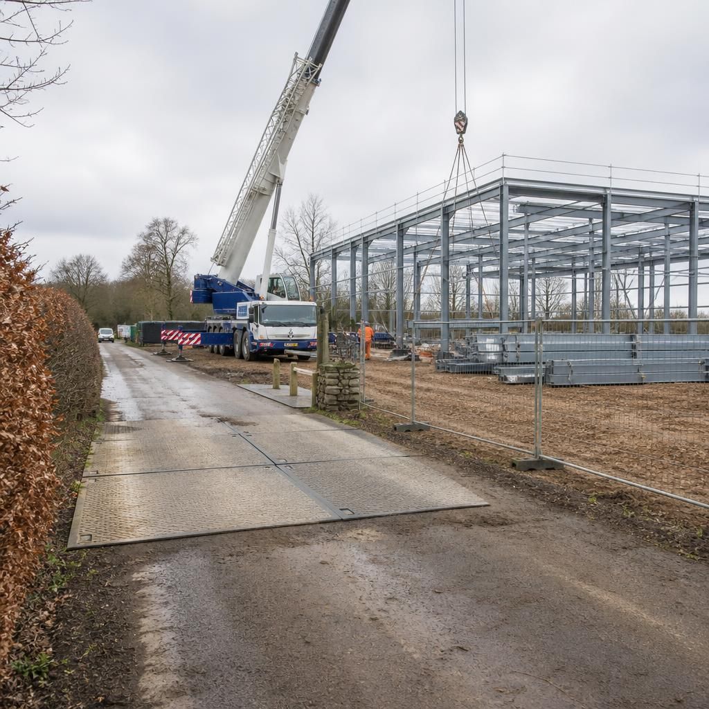 Mobile crane lifting steel frame components beside a prepared construction access route