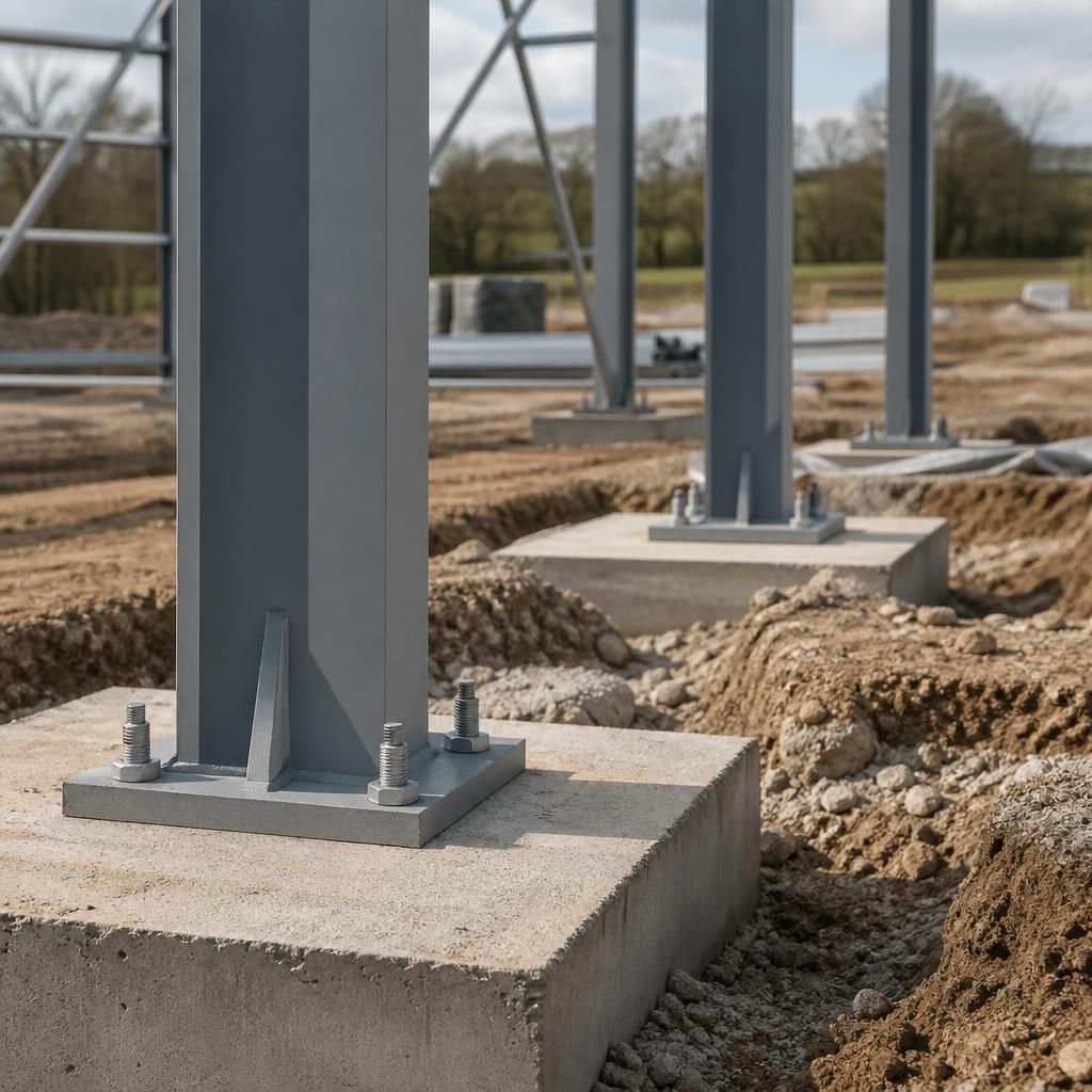 Steel columns fixed to concrete pad foundations with holding-down bolts