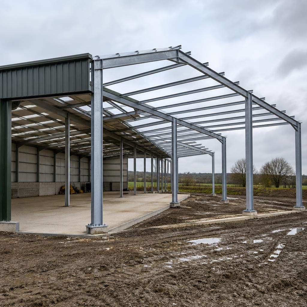 Portal frame steelwork with an open end bay prepared for extension
