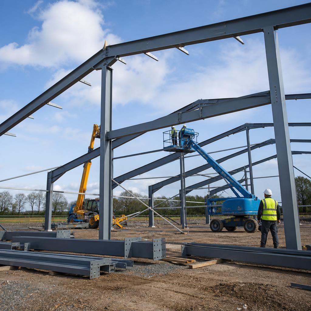 Steel portal frame being assembled on a construction site