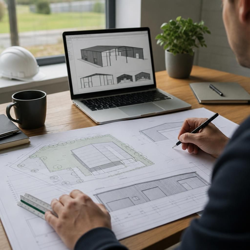 Planning elevation drawings and site plan for a steel portal frame building