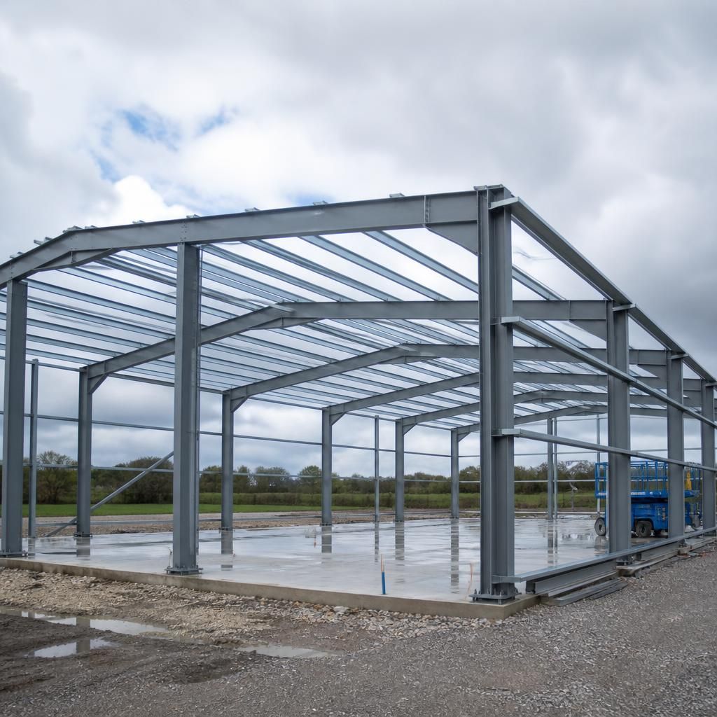 Steel portal frame building kit showing columns, rafters and purlins