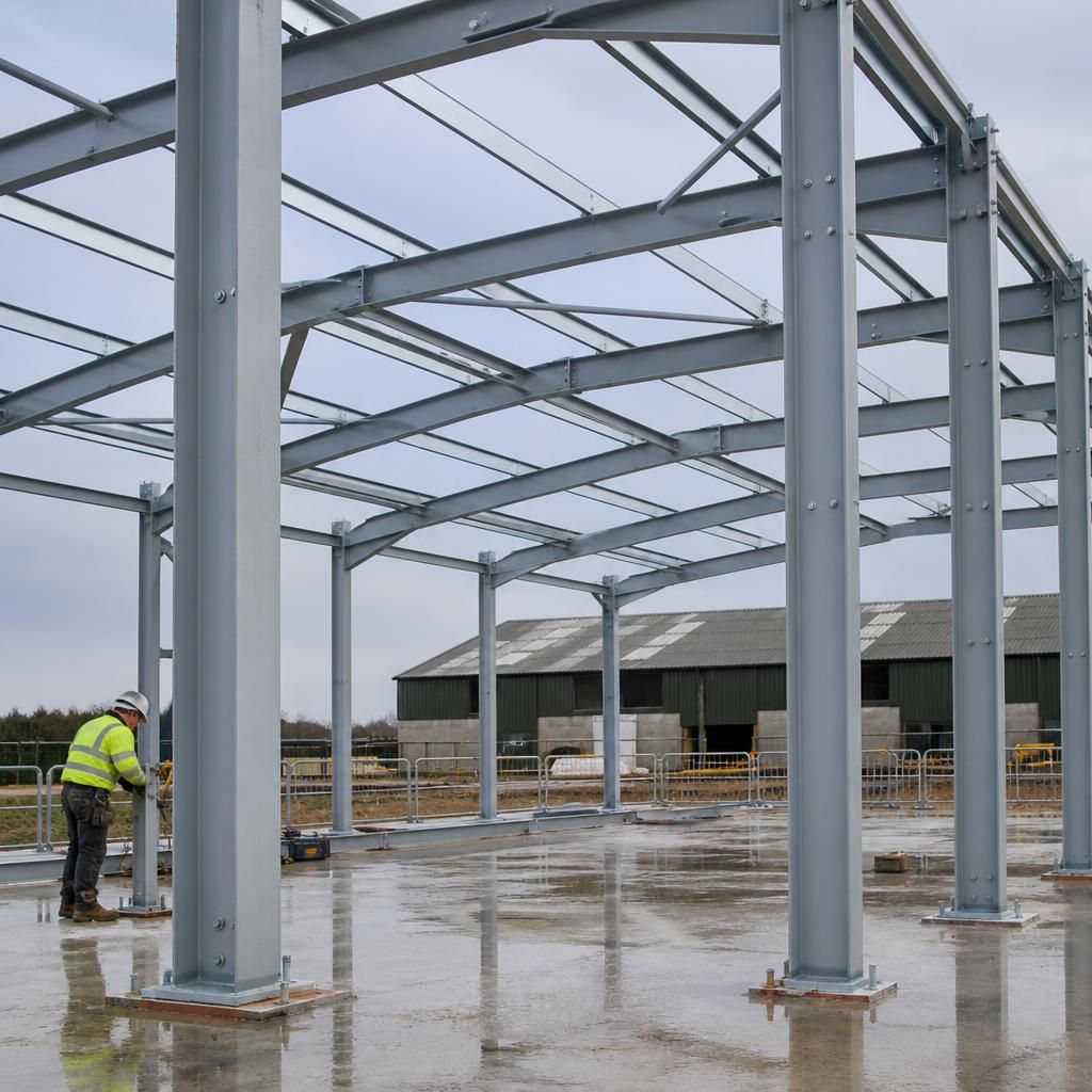 Portal frame steel columns and beams with a protective coating during construction