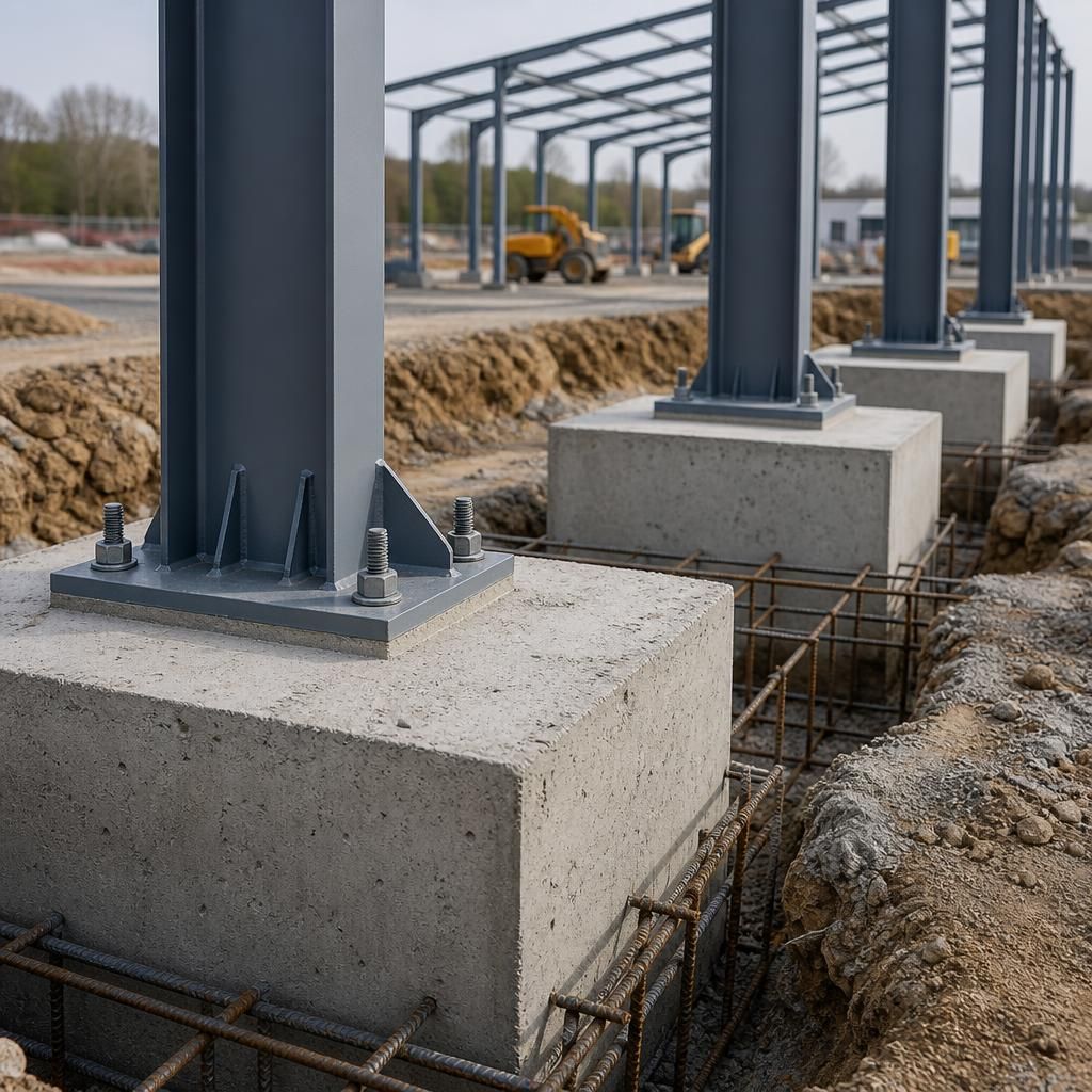 Reinforced concrete pad foundations with holding-down bolts beneath steel columns