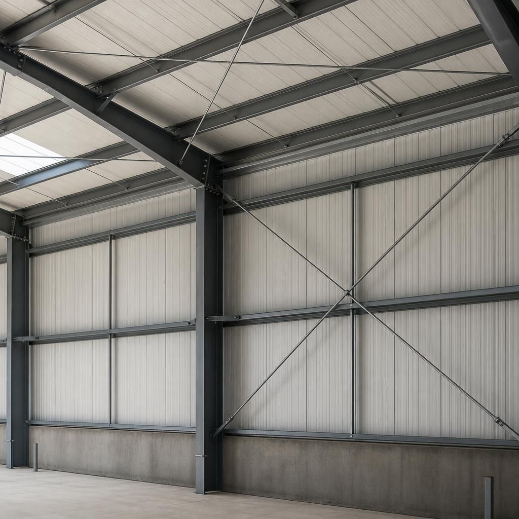 Diagonal roof and wall bracing members within a steel portal frame