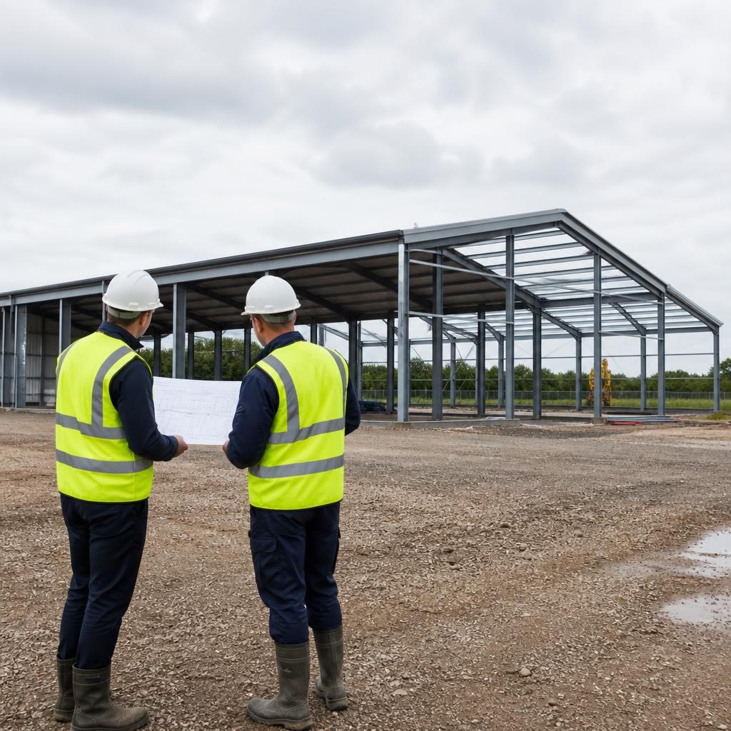 Steel-framed building with a connected extension and matching roof structure
