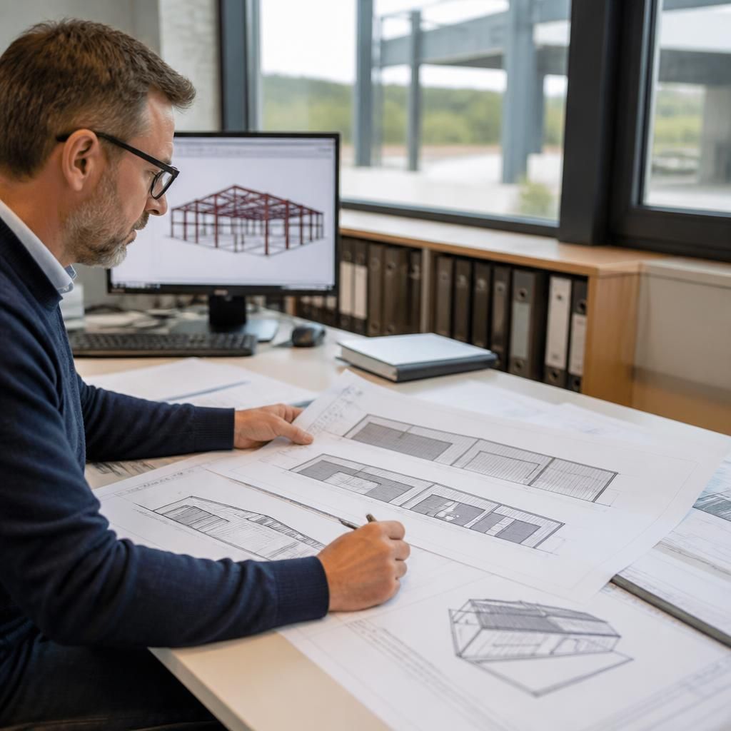Architect reviewing elevation drawings for a steel framed building