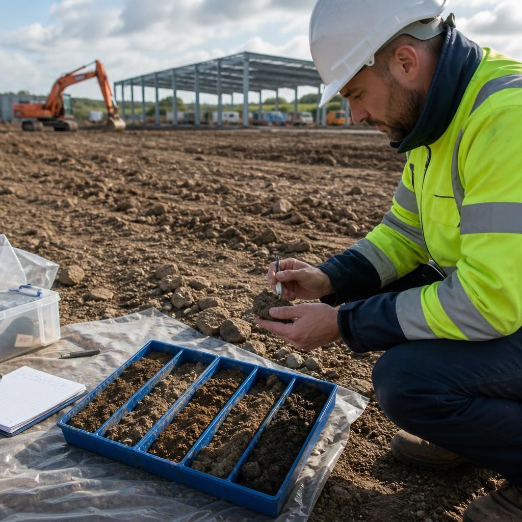 Engineer inspecting soil samples beside a proposed building site