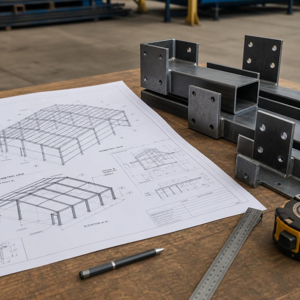 Isometric fabrication blueprint beside components for a prefabricated steel building