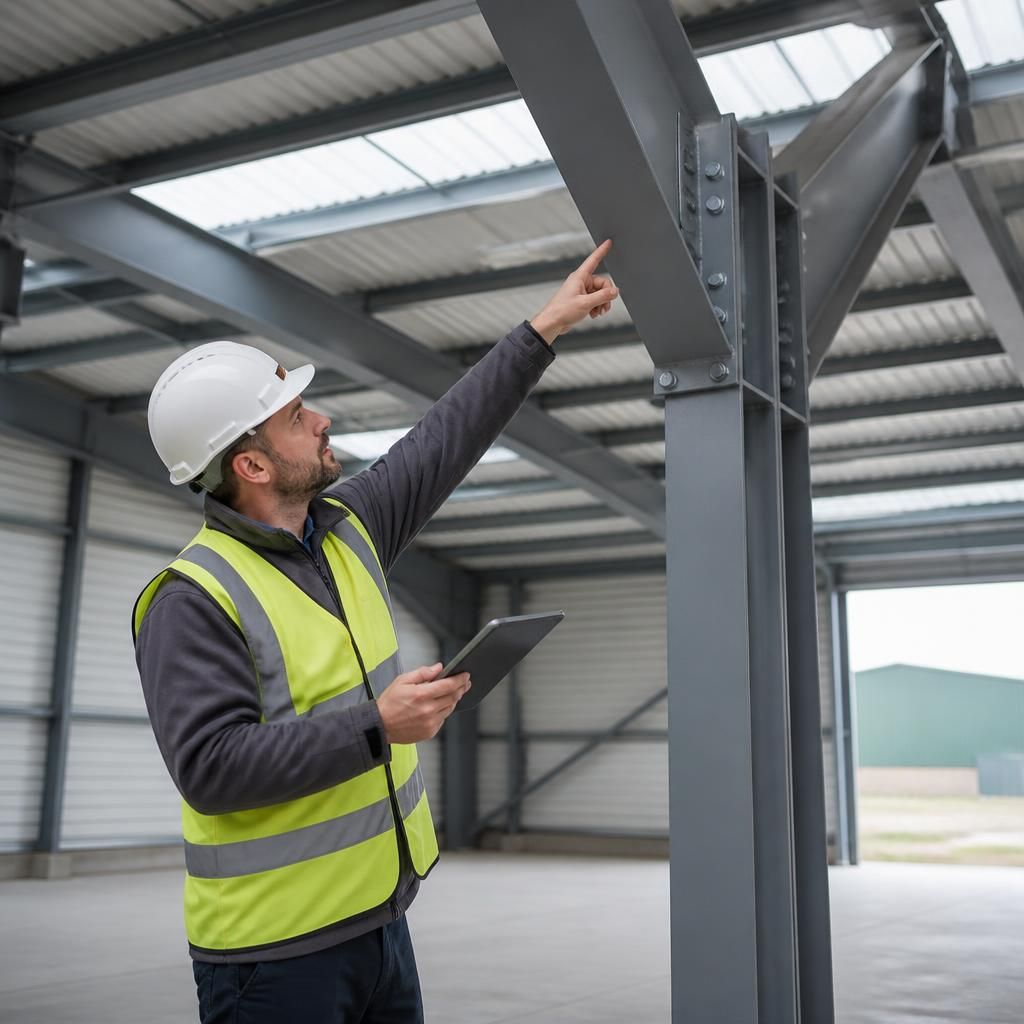 Inspector examining steel frame connections and roof cladding inside a prefabricated building