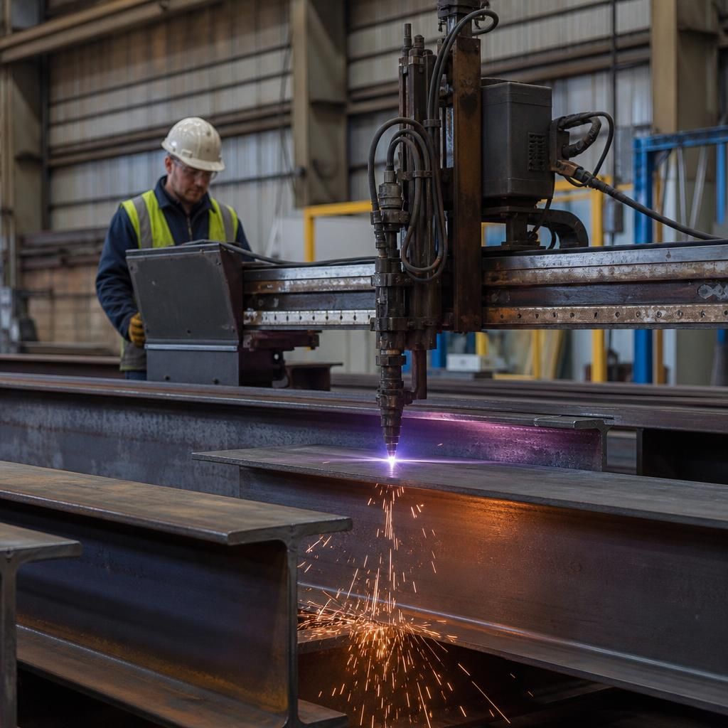 Hot rolled steel sections being cut and prepared for fabrication