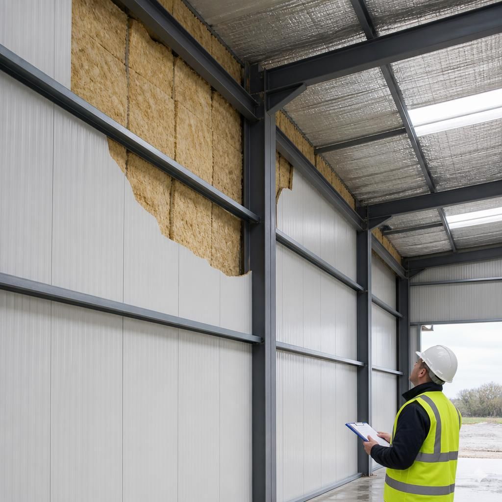 Insulated composite panels fitted to the walls and roof of a steel building frame