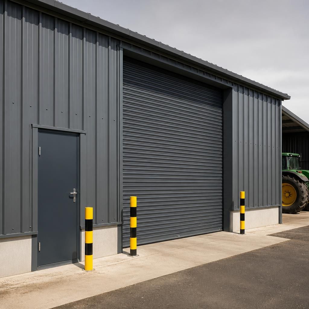 Steel building elevation showing a roller shutter, personnel door and framed access openings