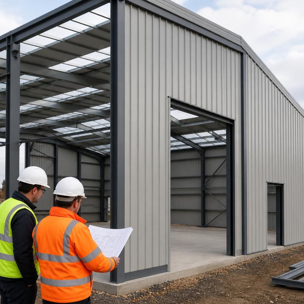 Steel frame with cladding panels, rooflights and completed doorway