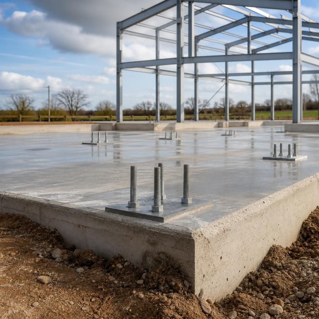 Level concrete foundation with accurately positioned holding-down bolts for a steel building