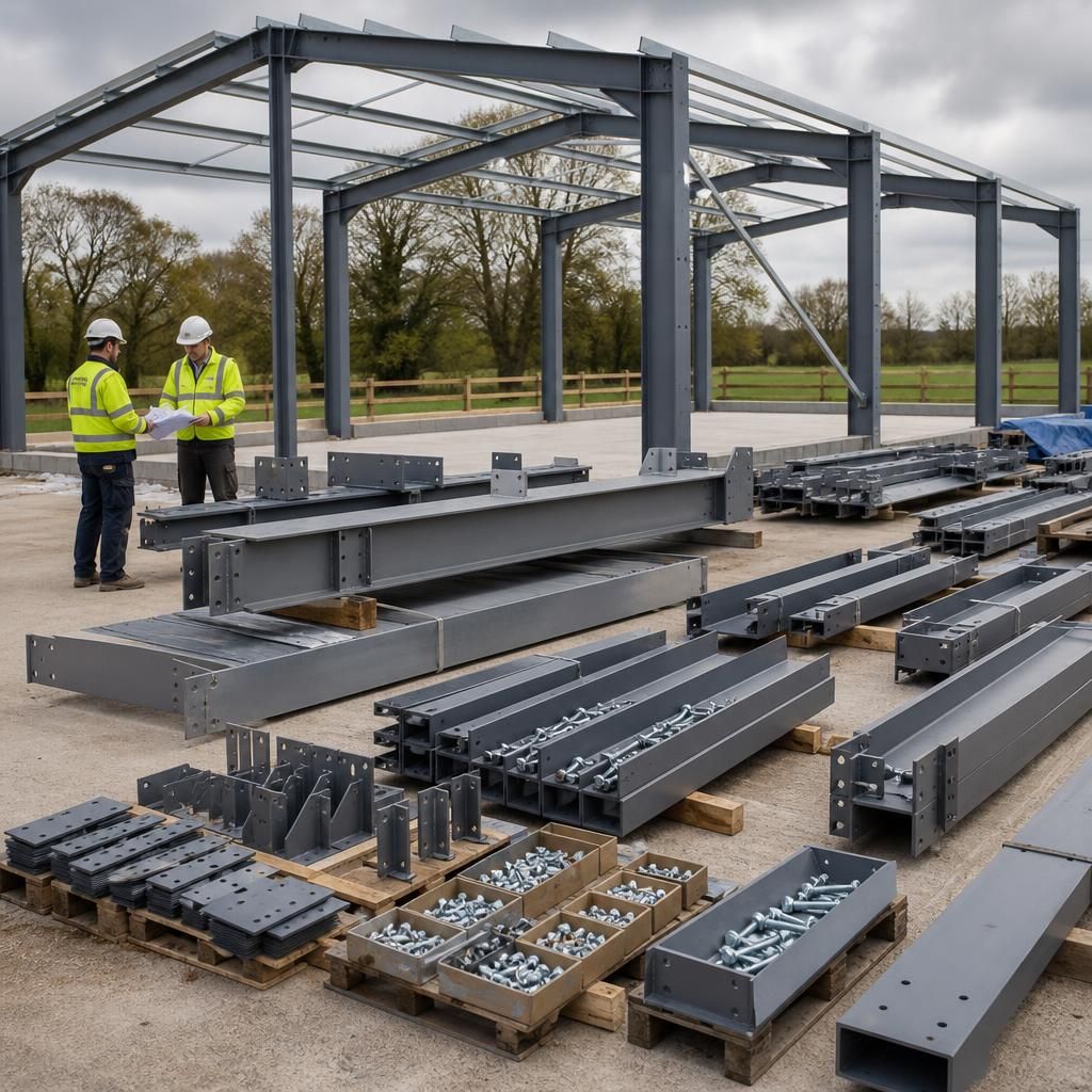 Steel building kit components arranged for assembly, including portal frame members and connection hardware