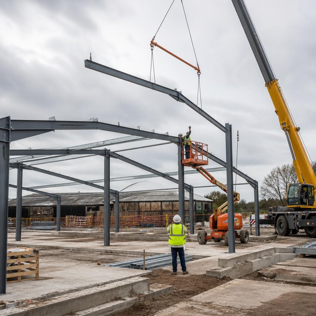 Installers lifting a steel frame into position on prepared foundations