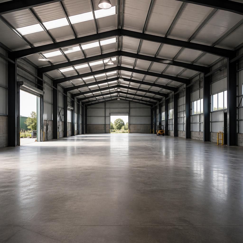 Interior of a steel framed building showing unobstructed space between the structural supports