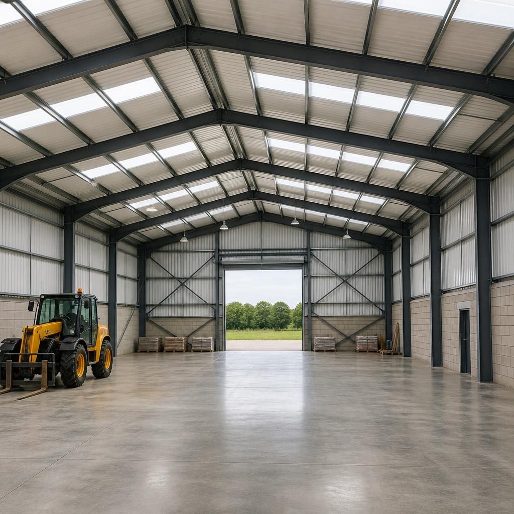 Interior of a prefabricated steel building showing the roof frame and open floor space