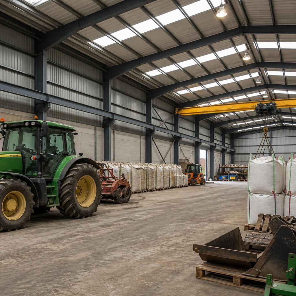 Steel-framed agricultural building with roof panels, machinery and suspended lighting