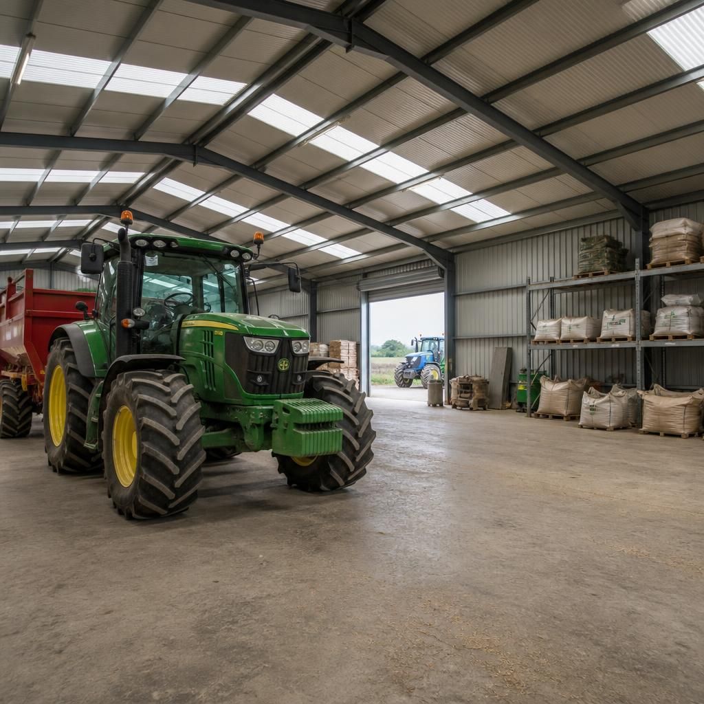 Steel framed agricultural building interior with machinery and storage bays