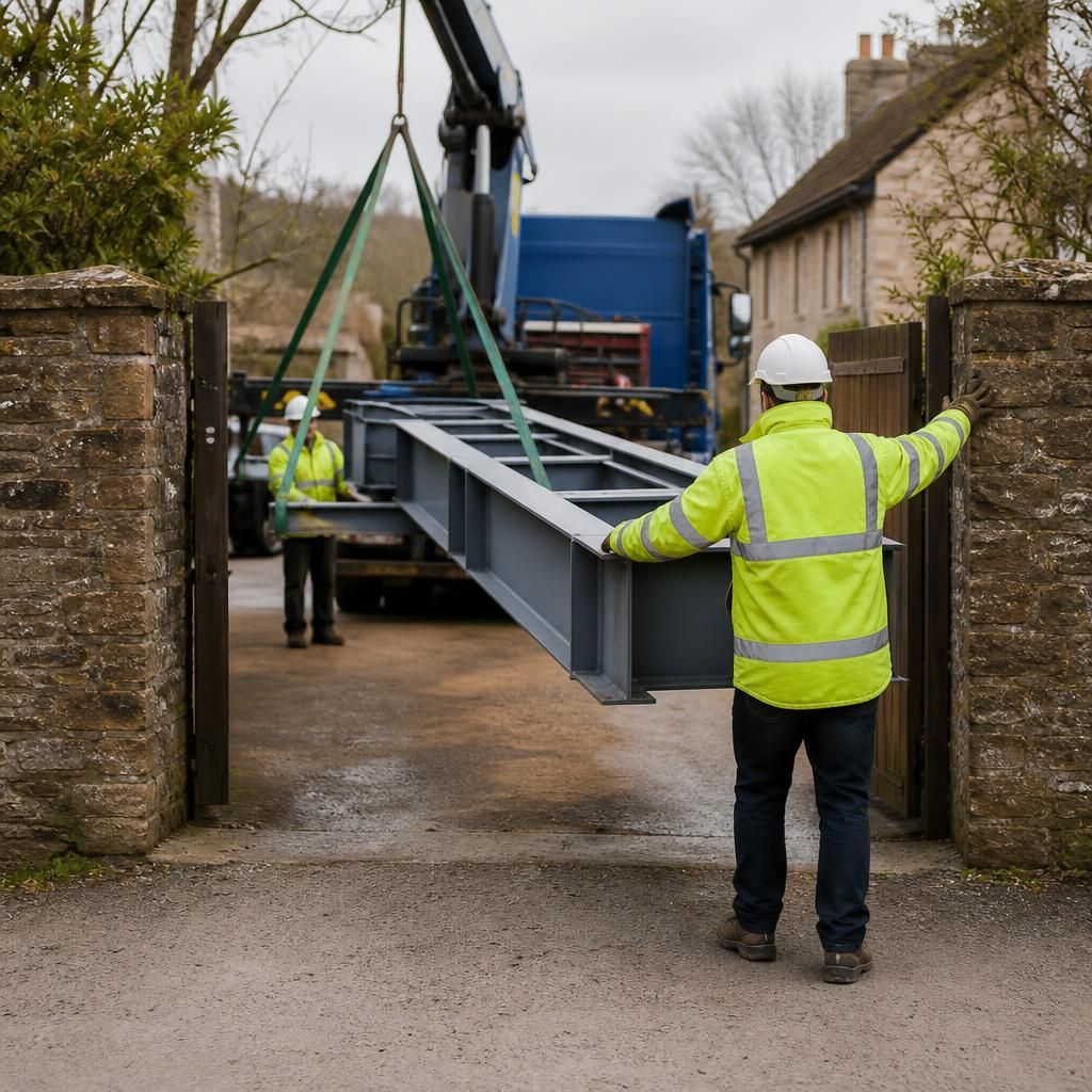 Steel frame sections being manoeuvred through a narrow site entrance