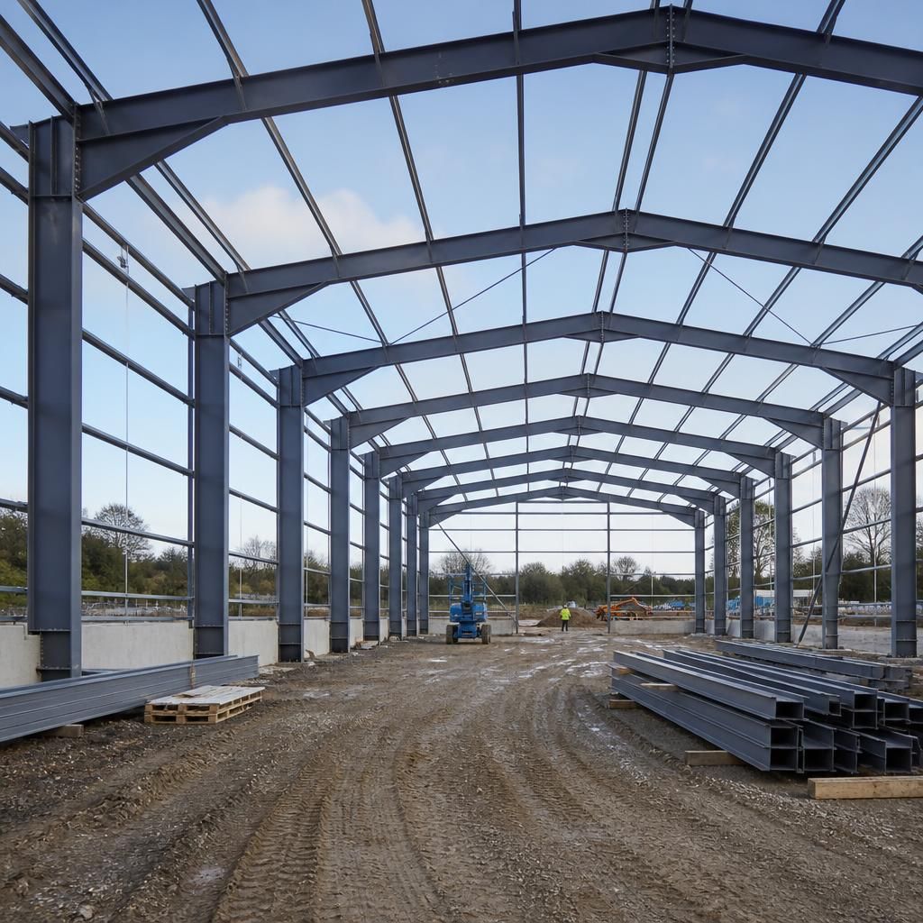 Hot rolled steel portal frame spanning an open building under construction