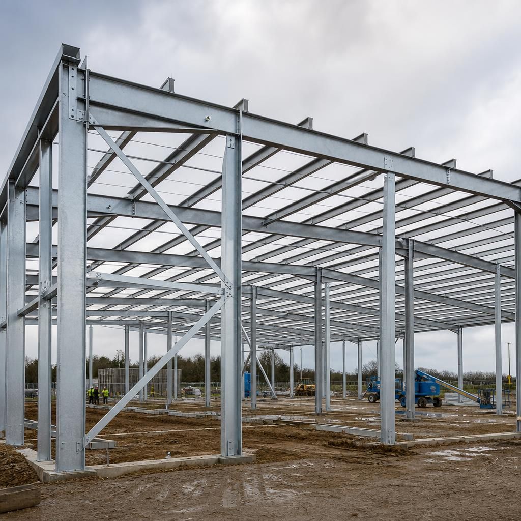 Hot rolled steel frame with braced bays and roof members during construction