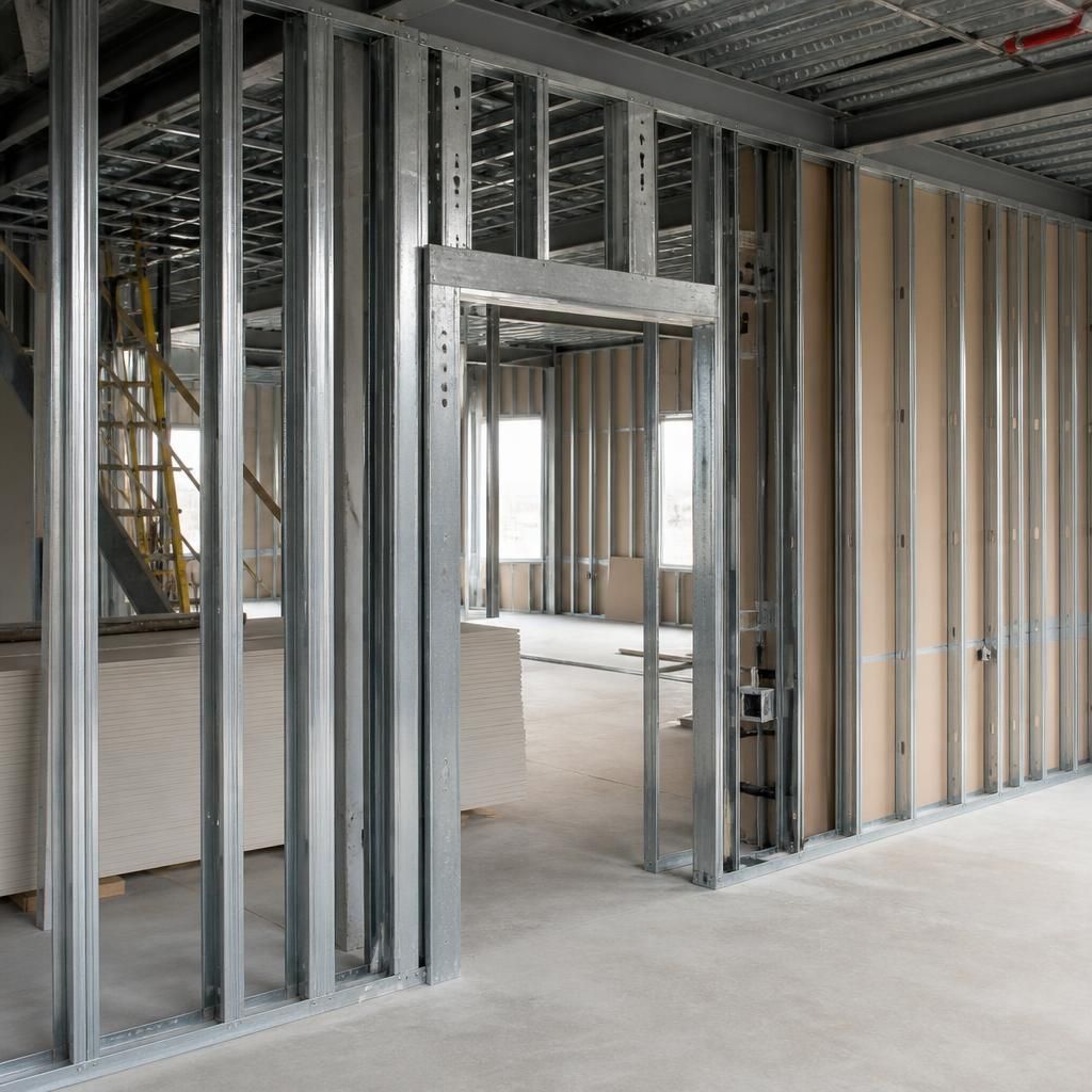 Galvanised metal studs forming an internal partition wall around a doorway