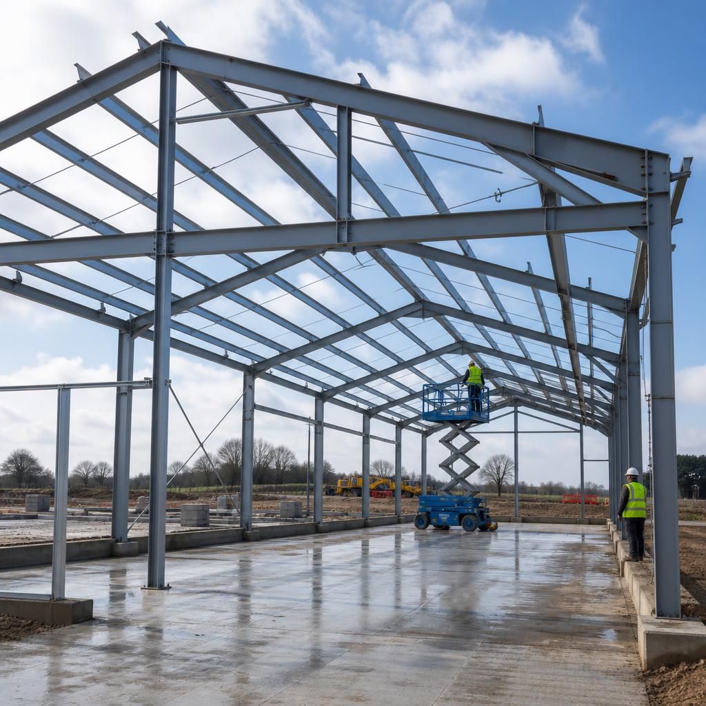 Steel portal frame with roof members and cross-bracing during erection