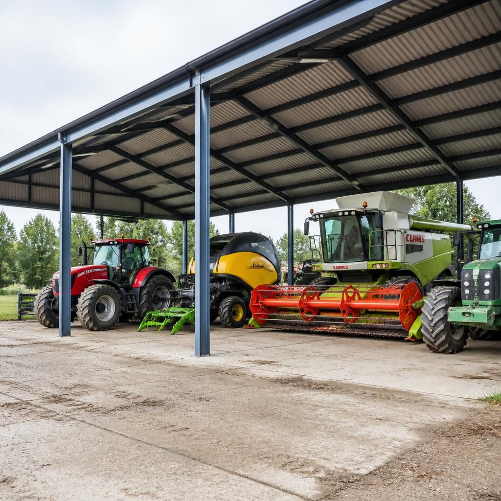 Agricultural machinery parked beneath an open-sided steel shelter