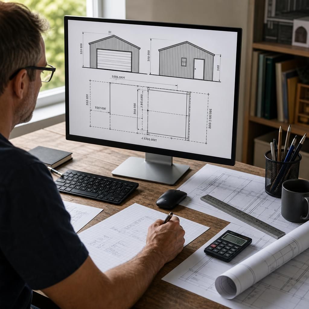 Planning elevation drawing of a steel garage with roof heights and boundary distances marked