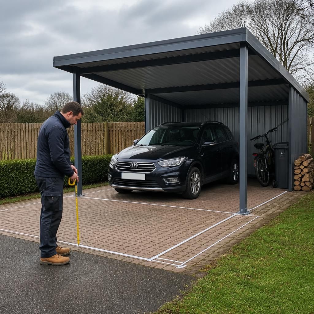 Steel carport sheltering a car beside a paved driveway