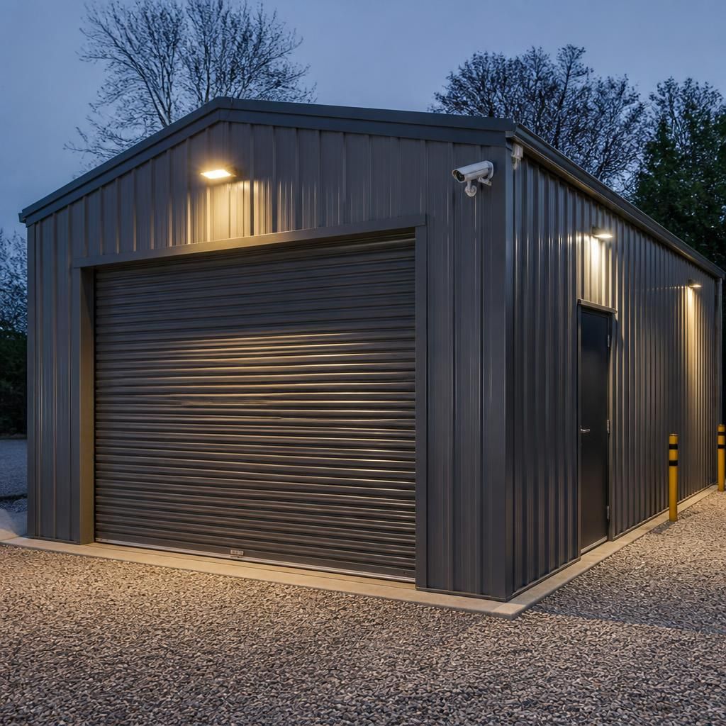 Steel garage with a roller shutter door, security lighting and CCTV camera