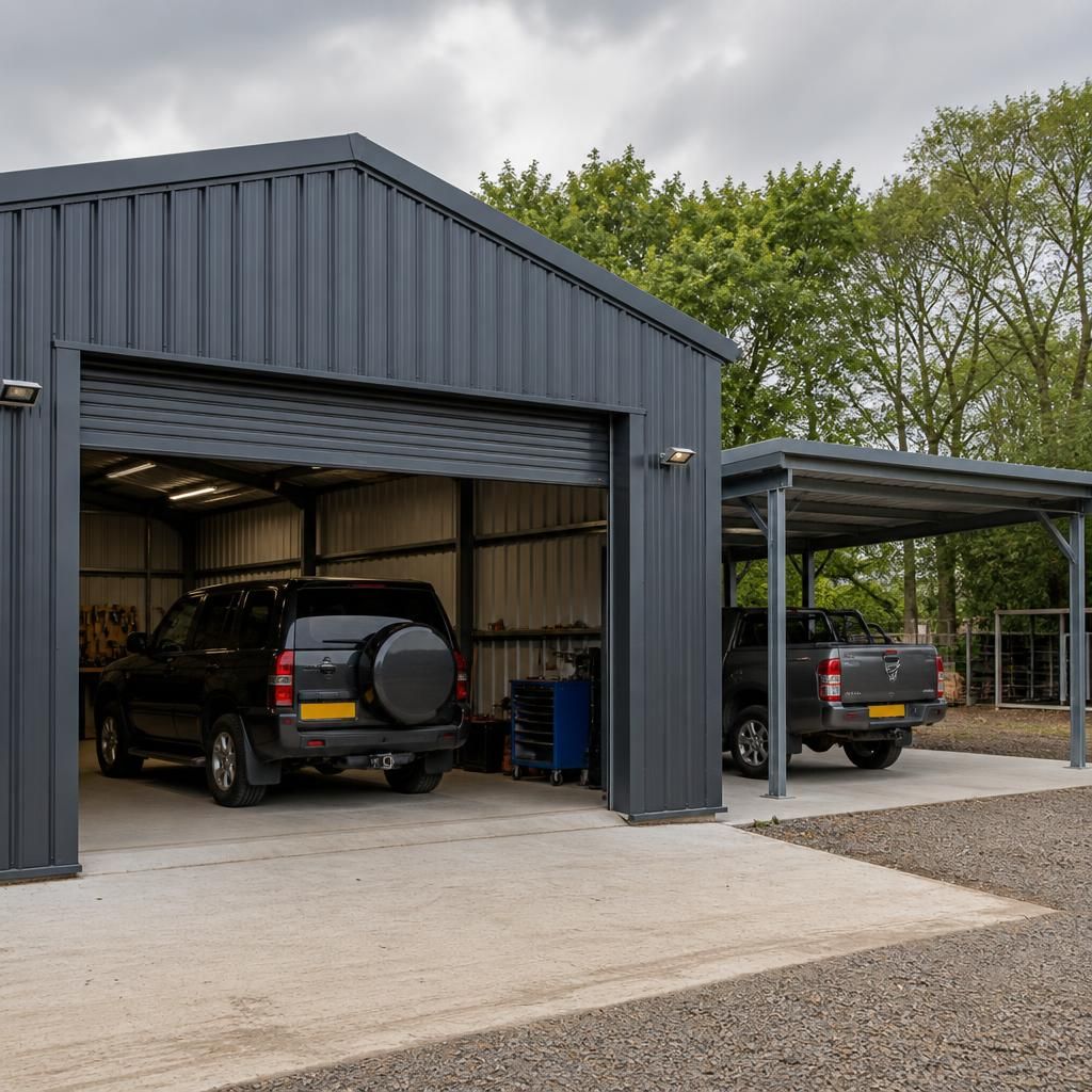 Steel framed garage beside an open carport with a parked vehicle