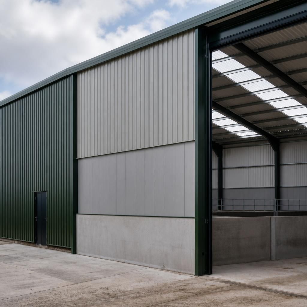 Prefabricated steel building with profiled wall sheets, insulated panels and translucent roof panels