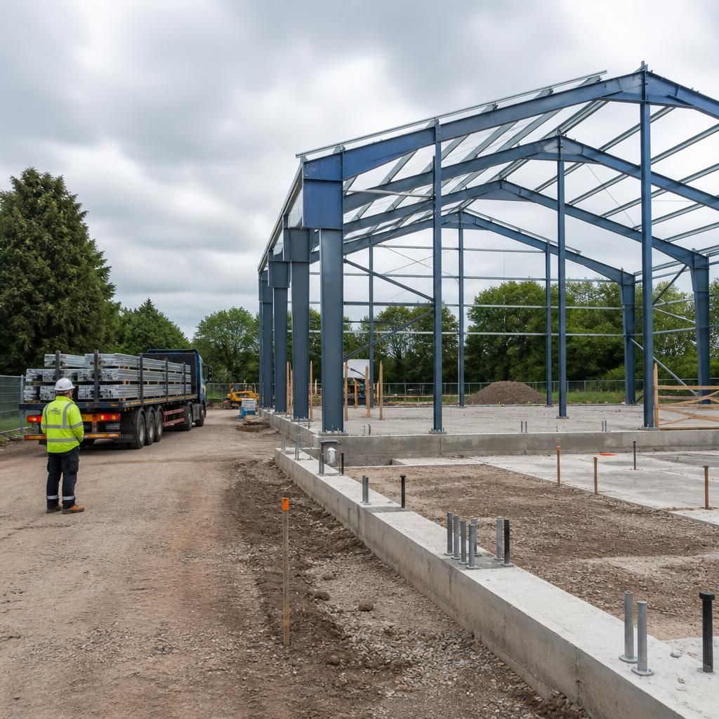 Steel building frame beside prepared foundations and clear site access