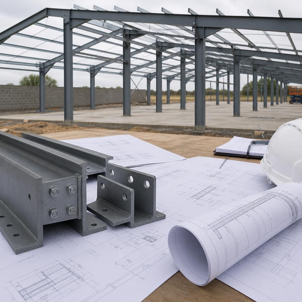 Steel frame with bracing, connection details and fabrication drawings on a construction desk