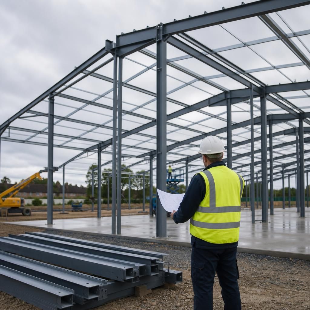 Steel frame being assembled for a large agricultural or industrial building