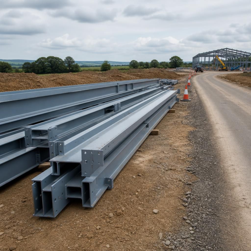 Steel frame components positioned beside a site access road