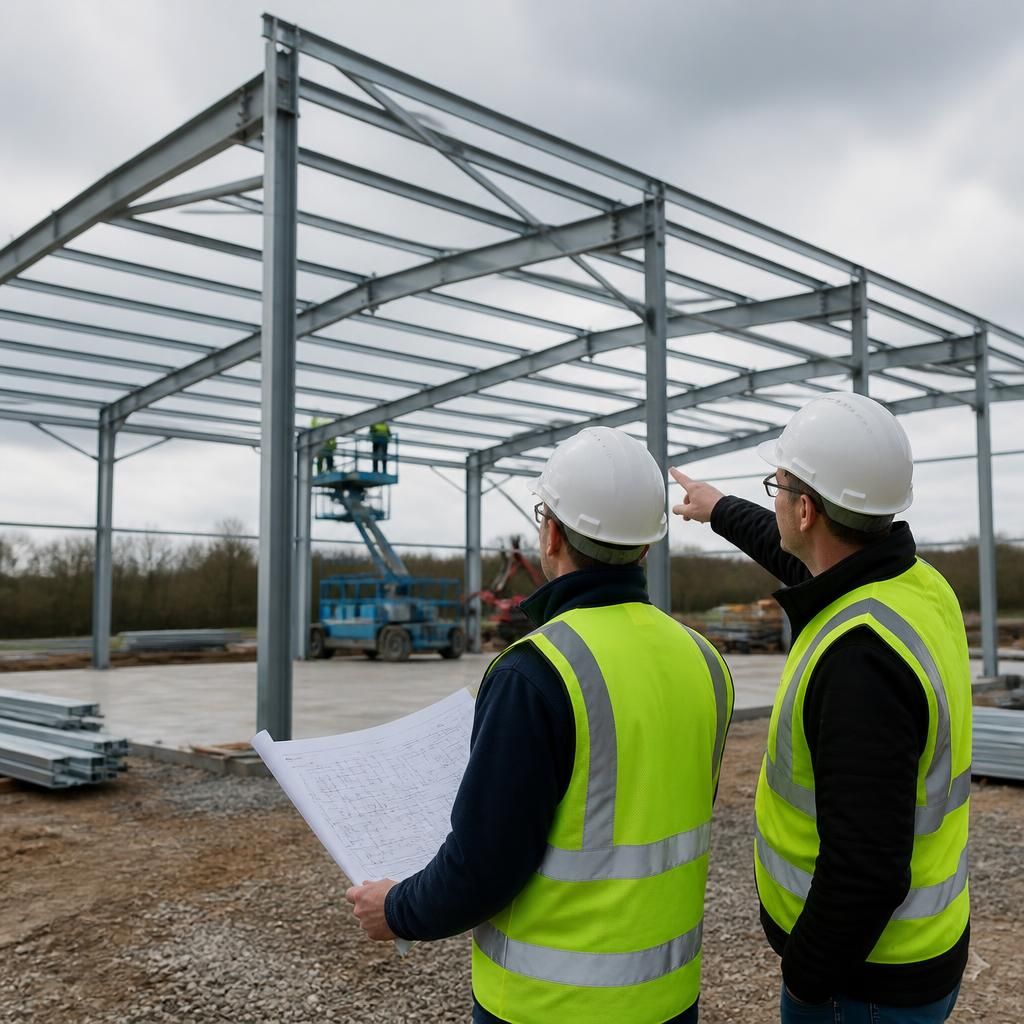 Hot rolled steel frame being assembled for an agricultural building