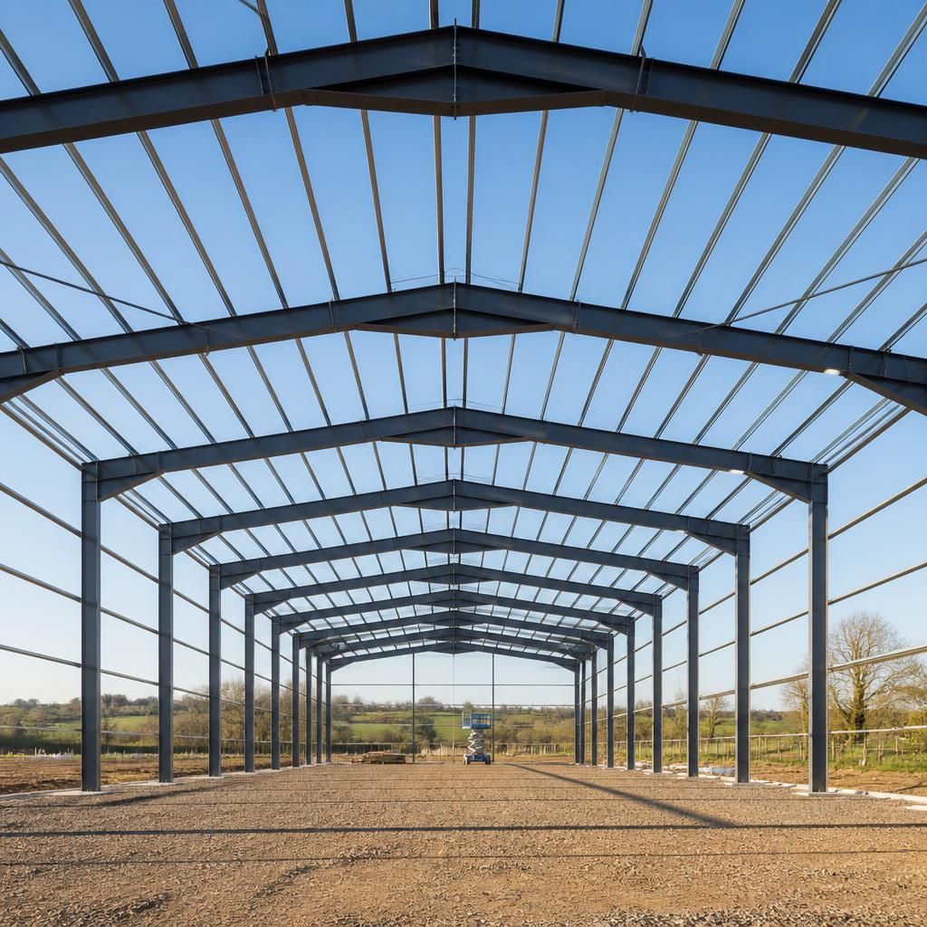 Steel portal frame with evenly spaced columns and roof rafters