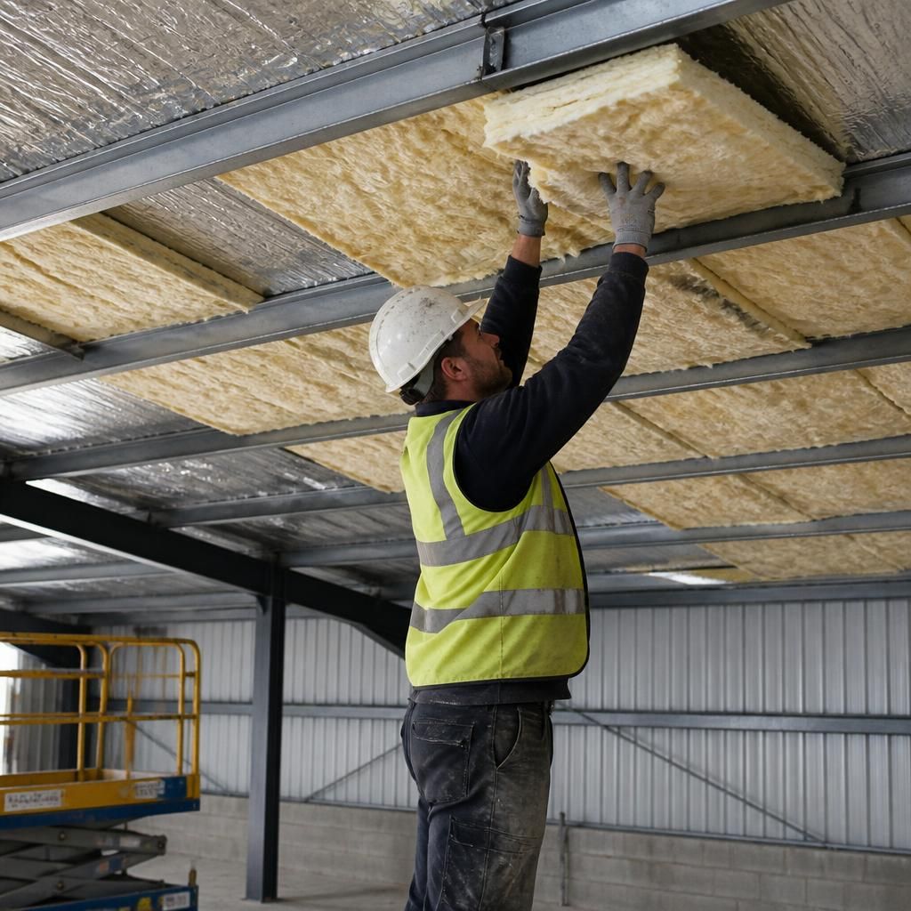 Worker fitting insulation between steel purlins inside an existing building