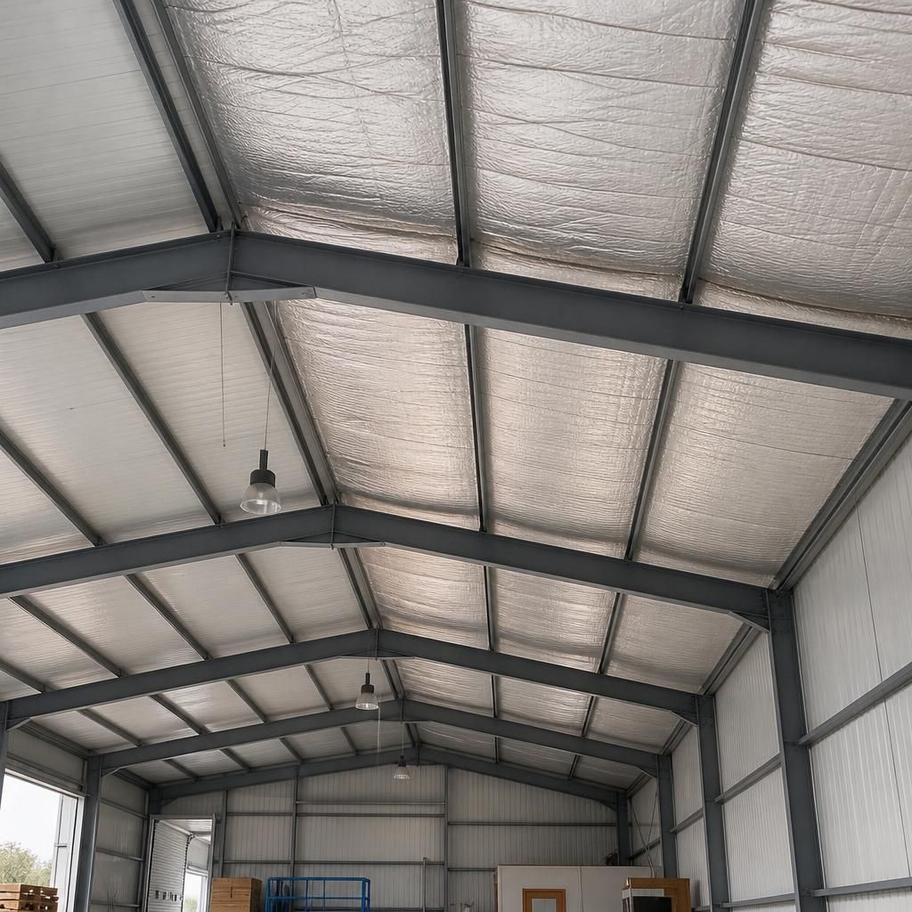 Steel building roof with insulation fitted beneath the metal cladding