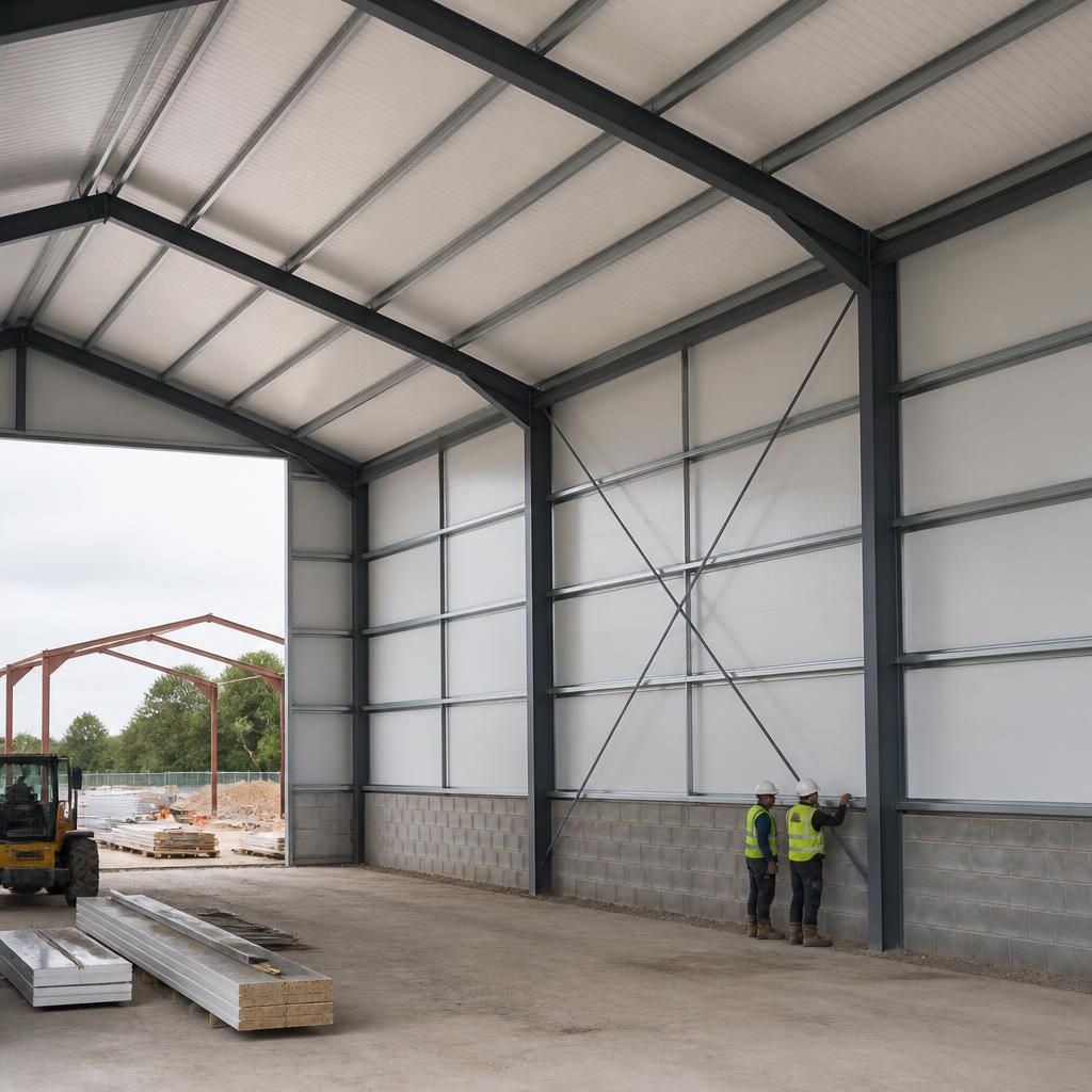 Insulated roof and wall panels fitted within a large-span steel building frame