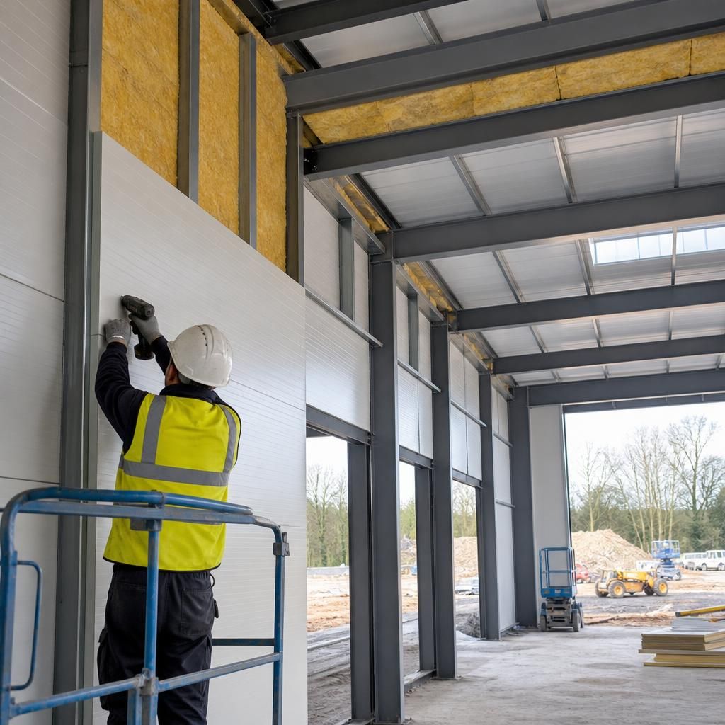 Steel frame showing layered roof and wall insulation in section