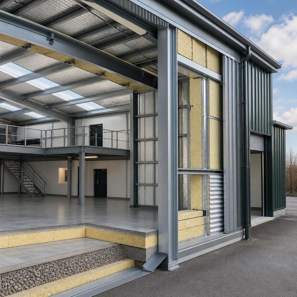 Insulated steel frame showing roof, wall and floor insulation layers