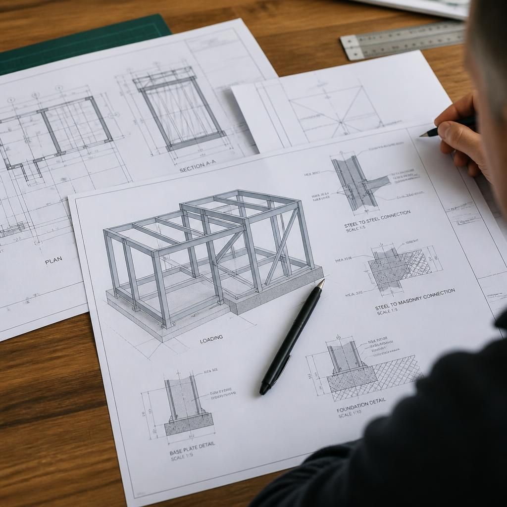 Building control drawings showing a steel frame, foundations and connection details for a house extension